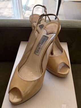Jimmy Choo Nude Patent Leather Peep-Toe Slingback Heels